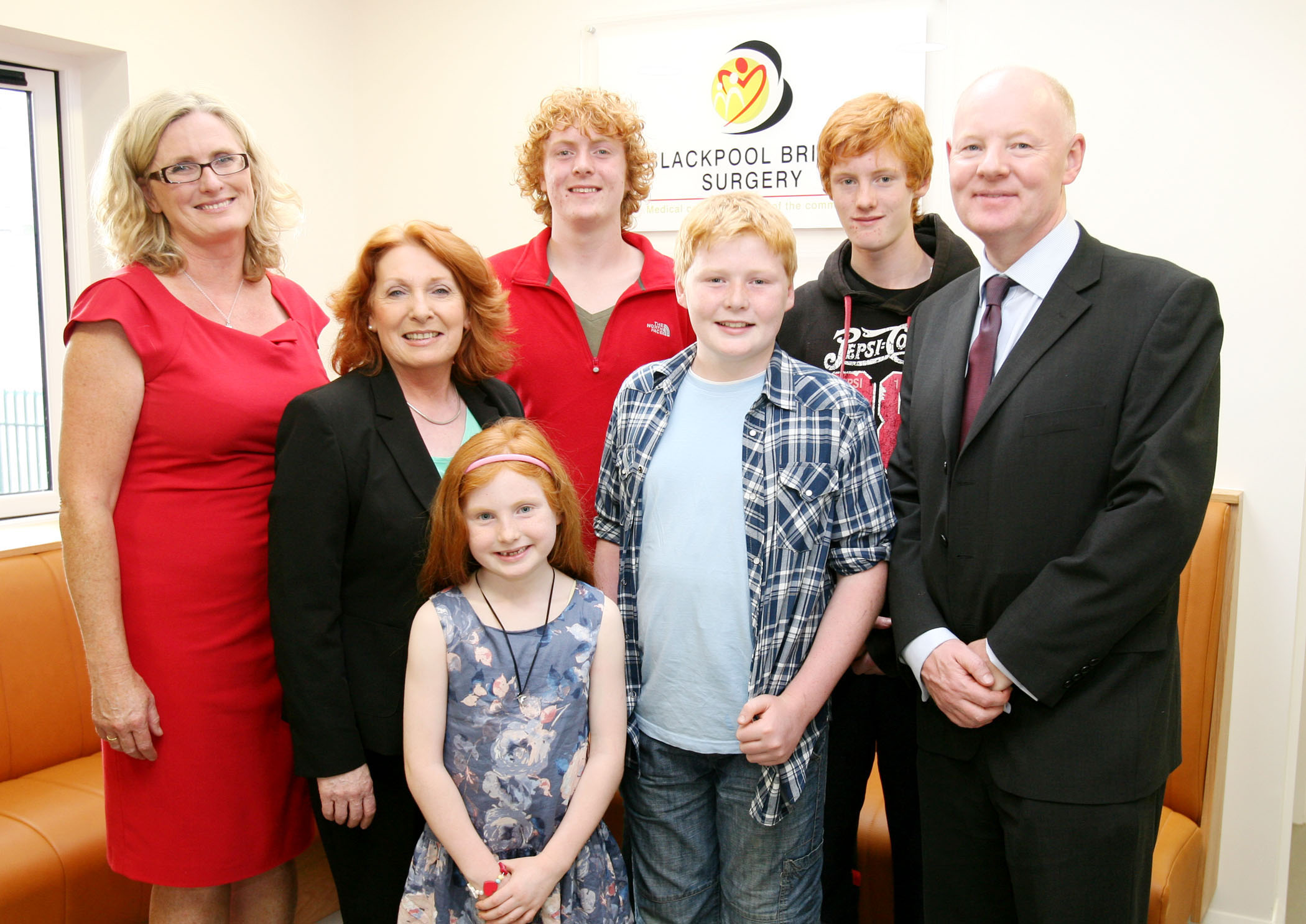 At the opening of the Blackpool Bridge Surgery at Thomas Davis Street, were Minister Kathleen Lynch T.D. with Dr. John Sheehan wth his Wife Aedamar and Children, Conor, Cillian, Eoghan and Eimear. Picture, Tony O'Connell Photography.